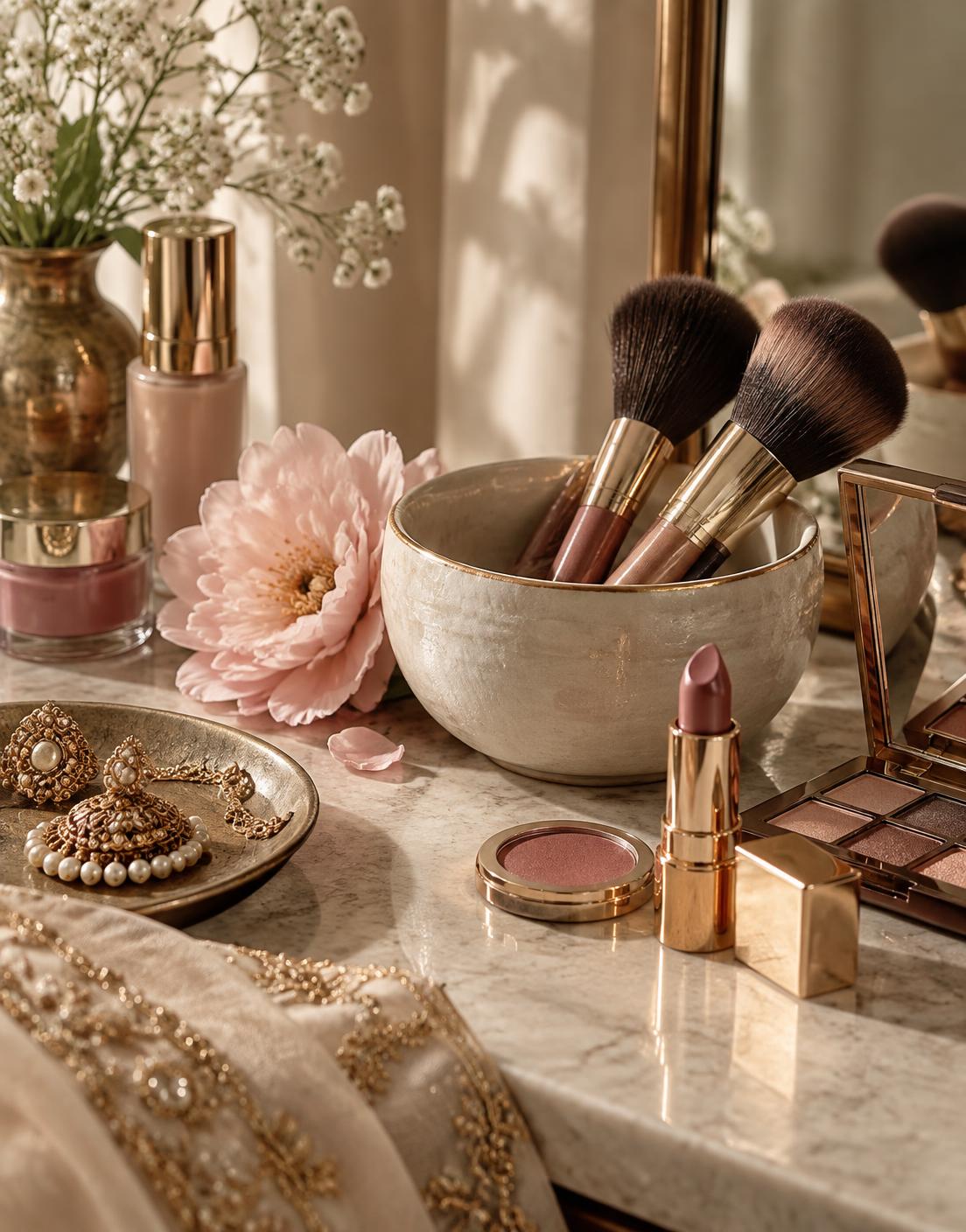 Makeup brushes and beauty essentials at the studio